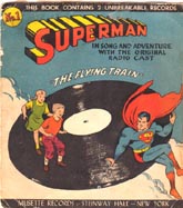Musette: Superman and the Flying Train; 2 picture disc records in folder with comic book, 1947